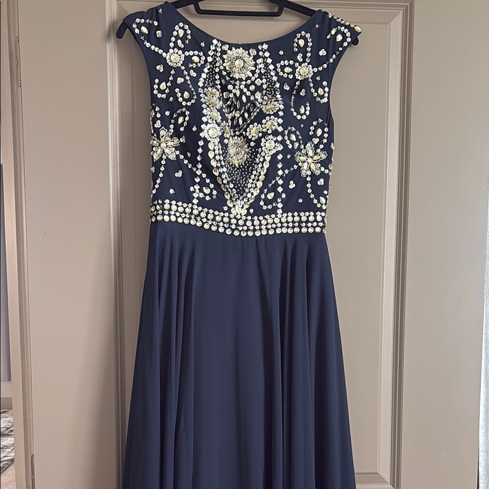 Stunning Blue and Silver Embellished long flowing Gown with Cap Sleeves